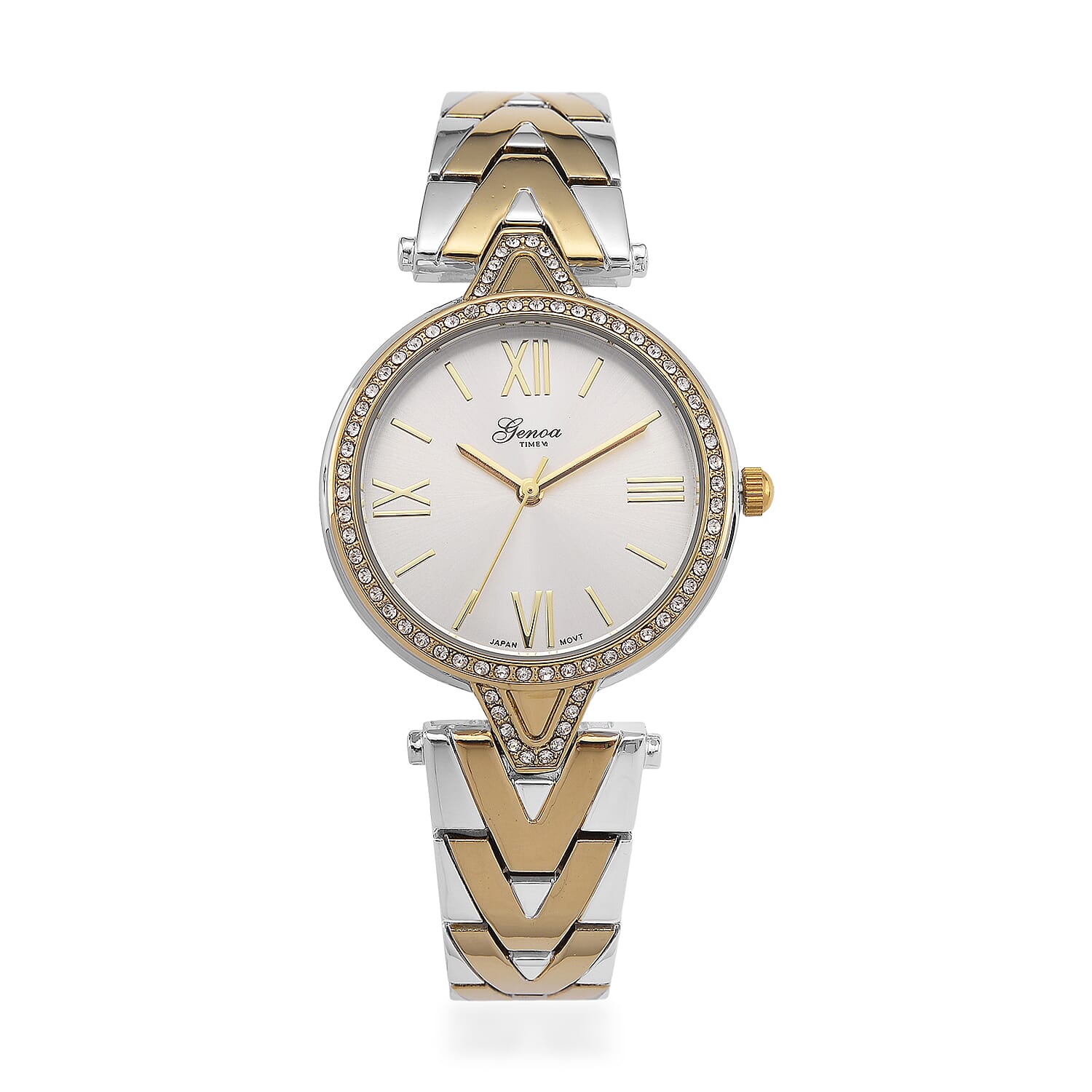 GENOA TIME LIMITED EDITION Japanese Movt. 3ATM Water Resistant Sunray Dial Ladies Watch with Silver and Gold Colour Strap &amp; Case with Austrian White Crystal Accents 8185247 0
