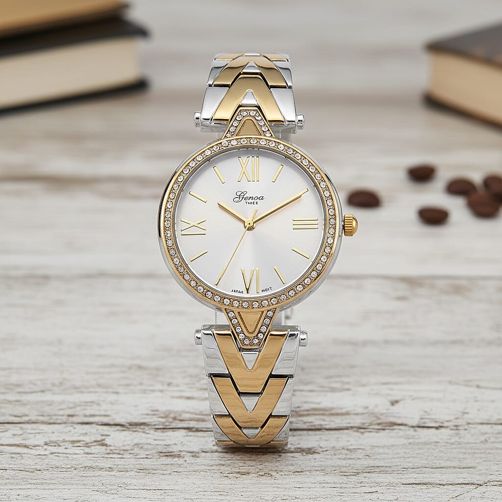 GENOA TIME LIMITED EDITION Japanese Movt. 3ATM Water Resistant Sunray Dial Ladies Watch with Silver and Gold Colour Strap &amp; Case with Austrian White Crystal Accents 8185247 2