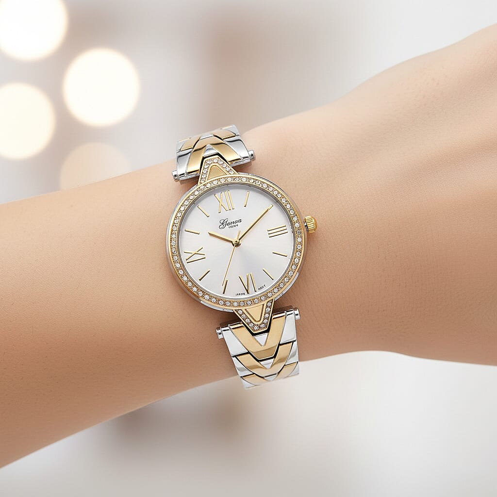 GENOA TIME LIMITED EDITION Japanese Movt. 3ATM Water Resistant Sunray Dial Ladies Watch with Silver and Gold Colour Strap &amp; Case with Austrian White Crystal Accents 8185247 3