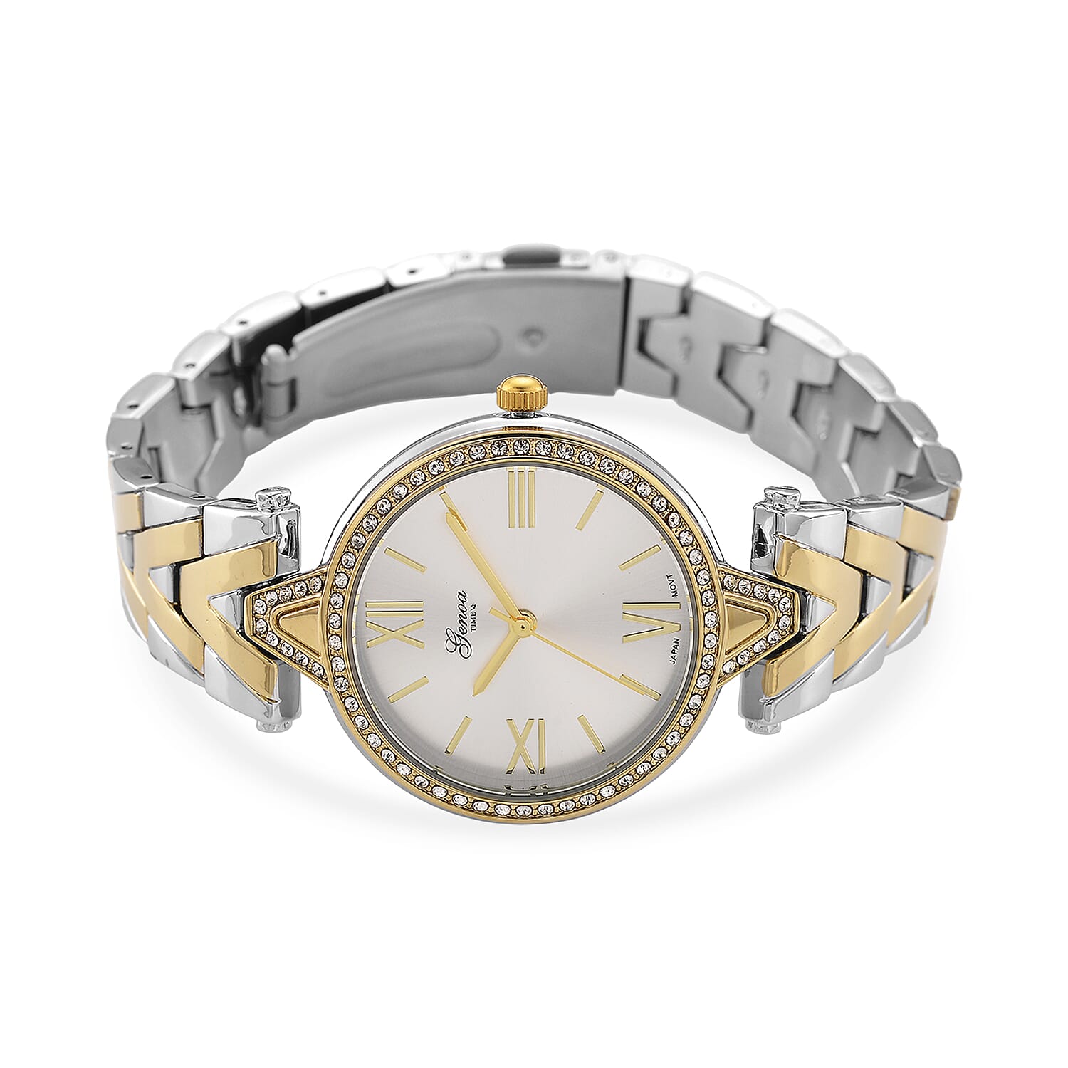 GENOA TIME LIMITED EDITION Japanese Movt. 3ATM Water Resistant Sunray Dial Ladies Watch with Silver and Gold Colour Strap &amp; Case with Austrian White Crystal Accents 8185247 5