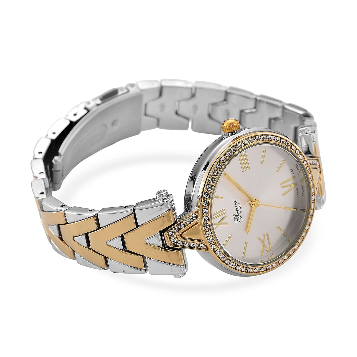 GENOA TIME LIMITED EDITION Japanese Movt. 3ATM Water Resistant Sunray Dial Ladies Watch with Silver and Gold Colour Strap &amp; Case with Austrian White Crystal Accents 8185247 6