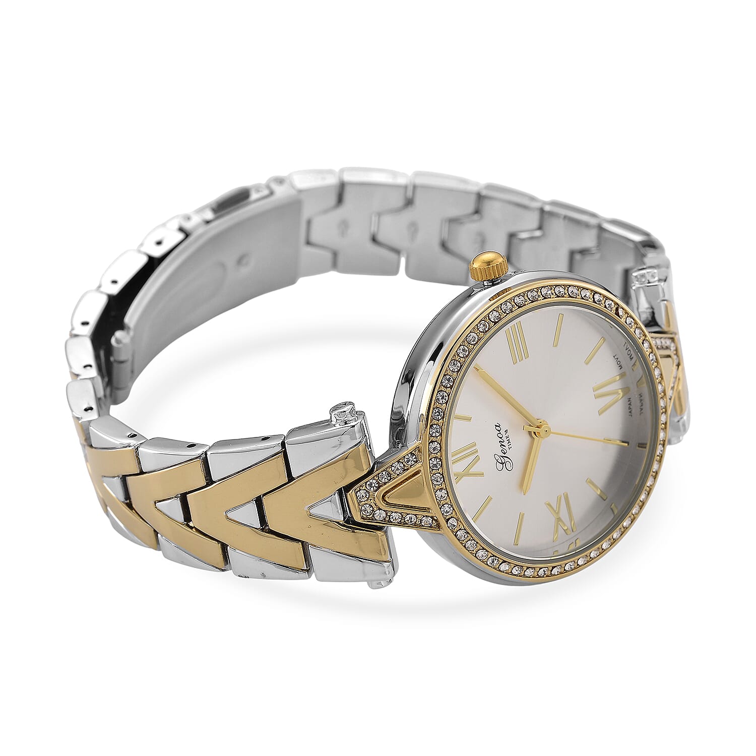 GENOA TIME LIMITED EDITION Japanese Movt. 3ATM Water Resistant Sunray Dial Ladies Watch with Silver and Gold Colour Strap &amp; Case with Austrian White Crystal Accents 8185247 6