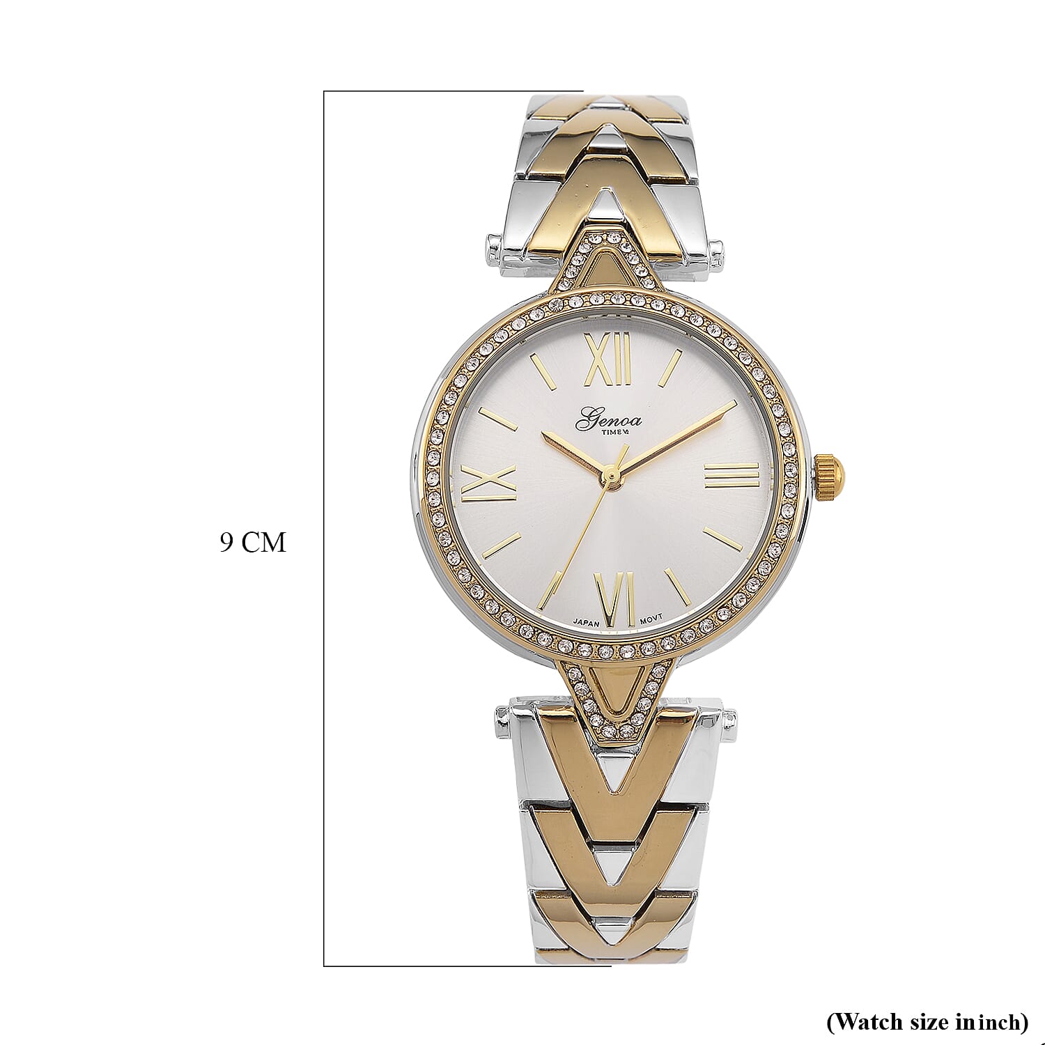 GENOA TIME LIMITED EDITION Japanese Movt. 3ATM Water Resistant Sunray Dial Ladies Watch with Silver and Gold Colour Strap &amp; Case with Austrian White Crystal Accents 8185247 8
