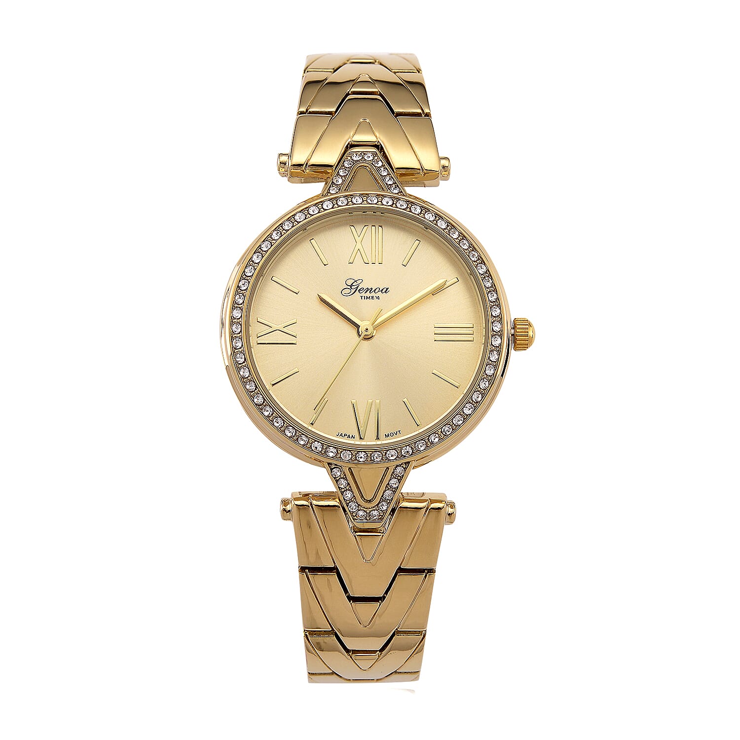 GENOA TIME LIMITED EDITION Japanese Movt. 3ATM Water Resistant Sunray Dial Ladies Watch with Gold Colour Strap &amp; Case with Austrian White Crystal Accents 8185248 0
