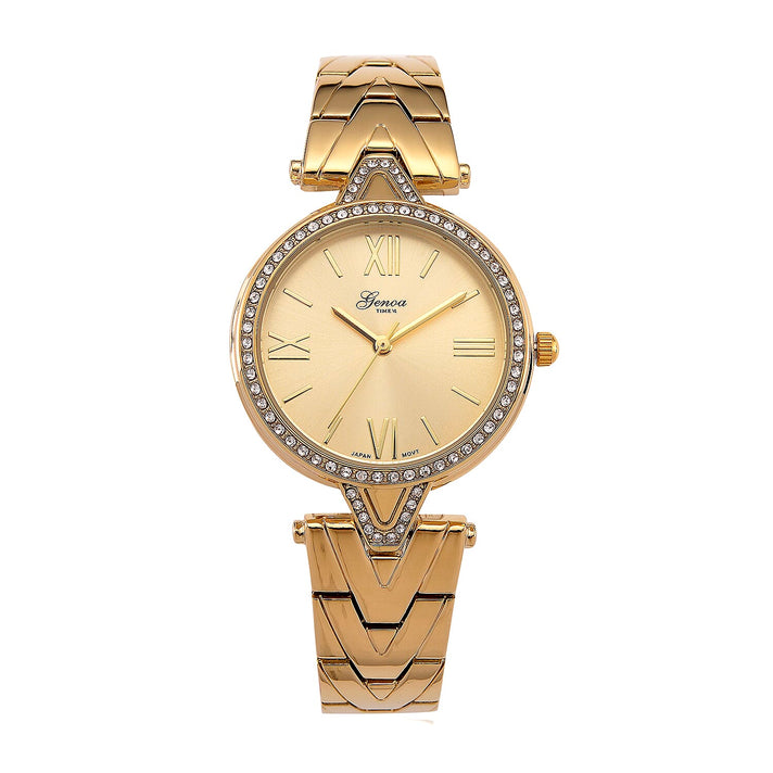 GENOA TIME LIMITED EDITION Japanese Movt. 3ATM Water Resistant Sunray Dial Ladies Watch with Gold Colour Strap &amp; Case with Austrian White Crystal Accents 8185248 1