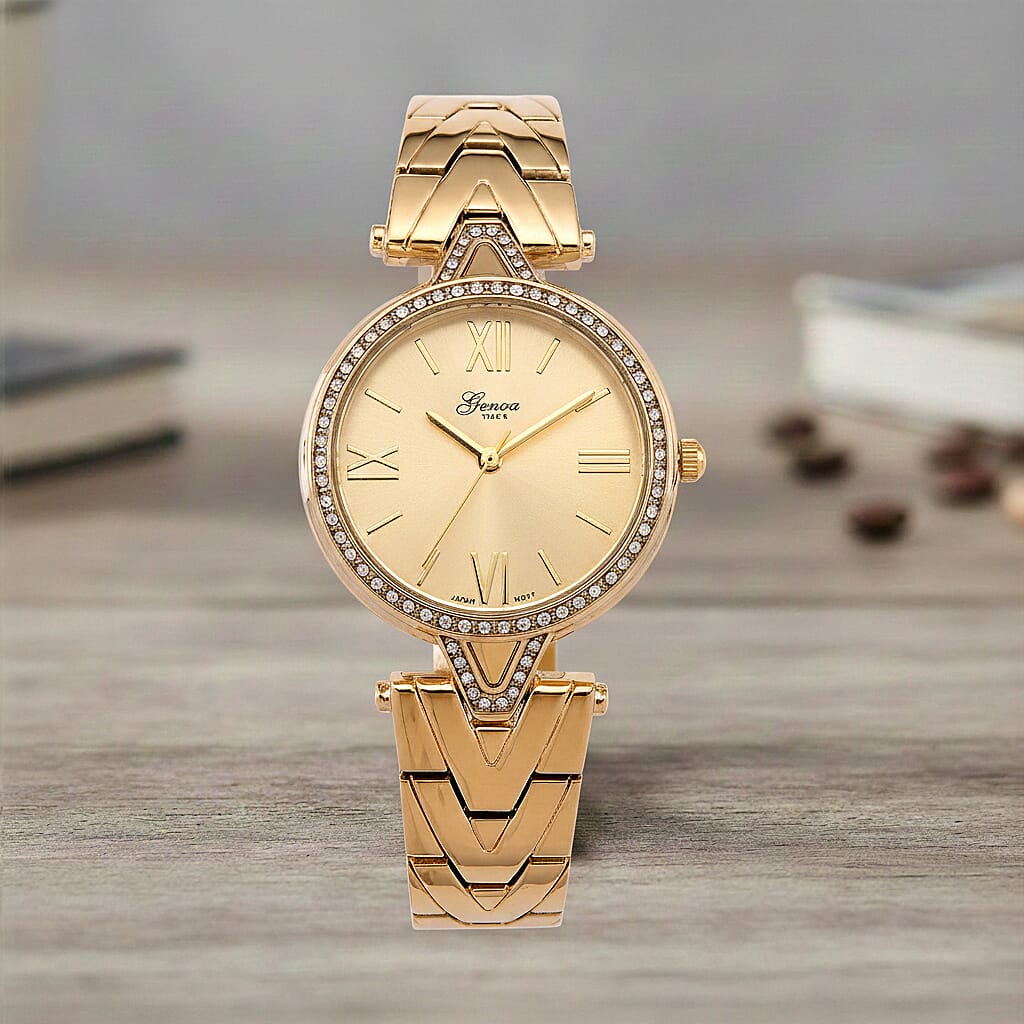 GENOA TIME LIMITED EDITION Japanese Movt. 3ATM Water Resistant Sunray Dial Ladies Watch with Gold Colour Strap &amp; Case with Austrian White Crystal Accents 8185248 2