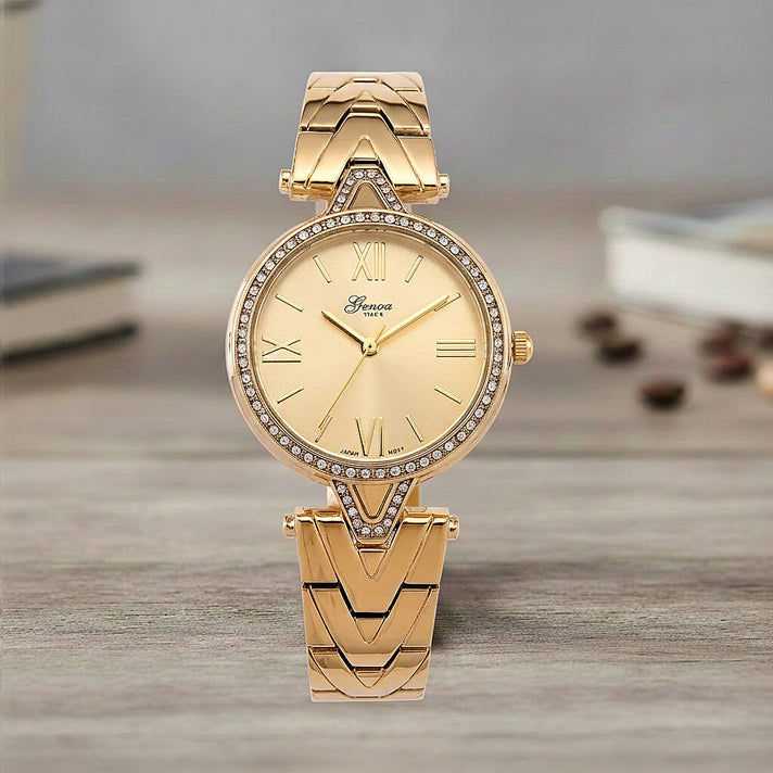 GENOA TIME LIMITED EDITION Japanese Movt. 3ATM Water Resistant Sunray Dial Ladies Watch with Gold Colour Strap &amp; Case with Austrian White Crystal Accents 8185248 2