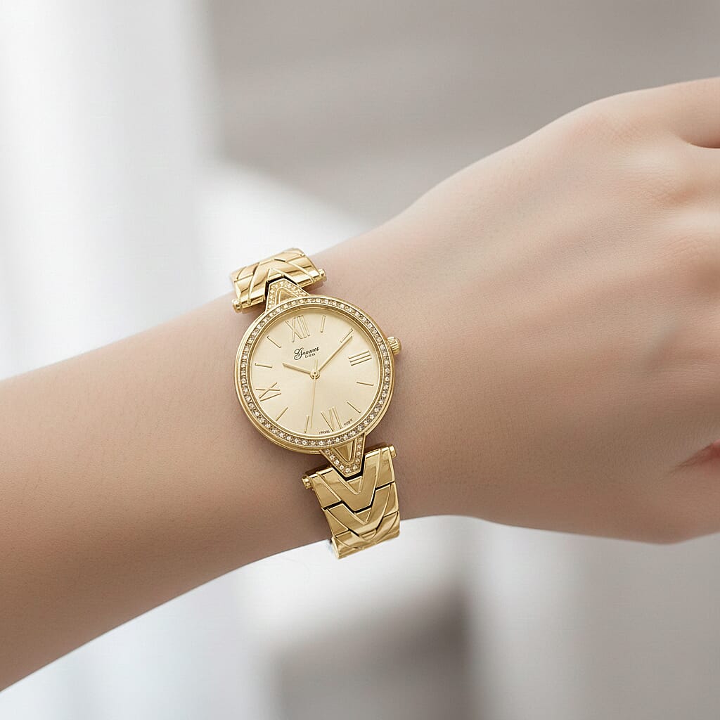 GENOA TIME LIMITED EDITION Japanese Movt. 3ATM Water Resistant Sunray Dial Ladies Watch with Gold Colour Strap &amp; Case with Austrian White Crystal Accents 8185248 3