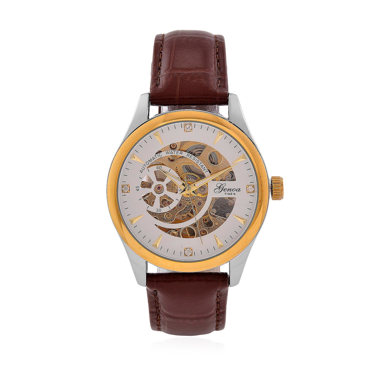 GENOA TIME Limited Edition Automatic Movt. 3ATM Water Resistant Watch With Skeleton Dial &amp; Exhibition Back with Brown Leather Strap Presented in a Gift Box 8051230 0