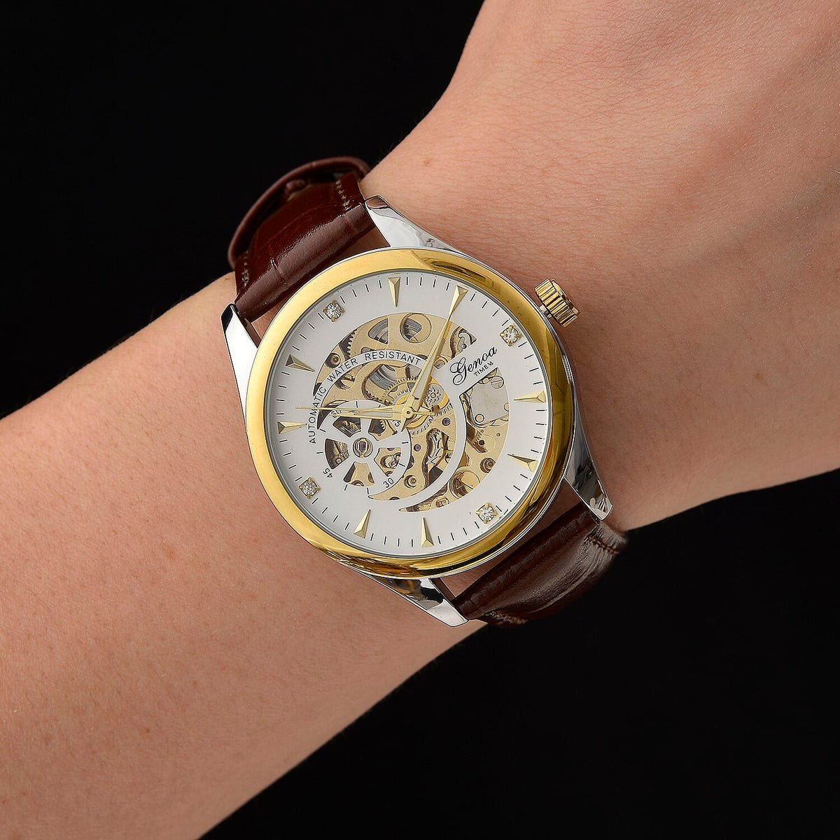 GENOA TIME Limited Edition Automatic Movt. 3ATM Water Resistant Watch With Skeleton Dial &amp; Exhibition Back with Brown Leather Strap Presented in a Gift Box 8051230 2
