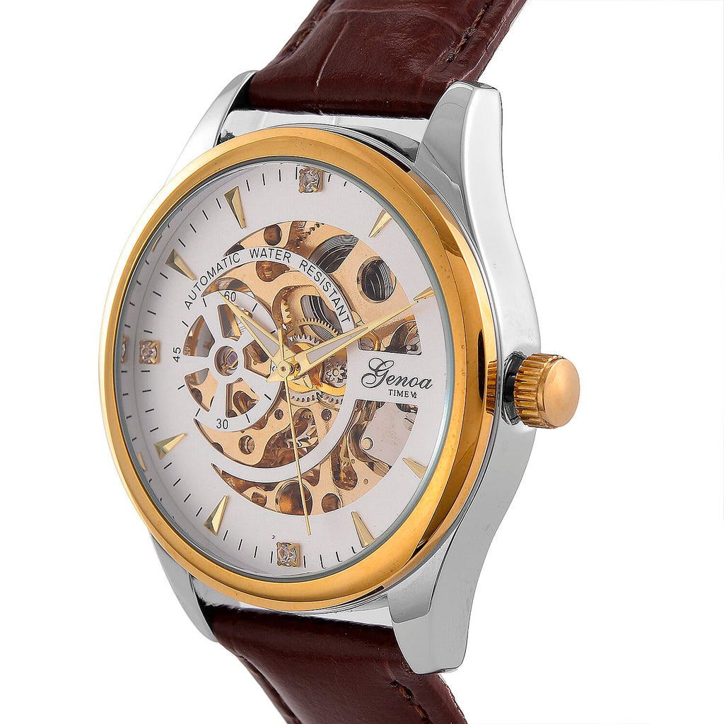 GENOA TIME Limited Edition Automatic Movt. 3ATM Water Resistant Watch With Skeleton Dial & Exhibition Back with Brown Leather Strap Presented in a Gift Box