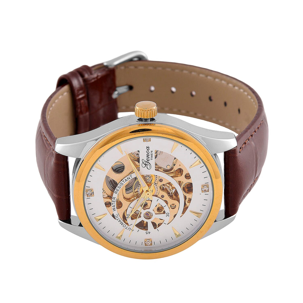 GENOA TIME Limited Edition Automatic Movt. 3ATM Water Resistant Watch With Skeleton Dial &amp; Exhibition Back with Brown Leather Strap Presented in a Gift Box 8051230 4