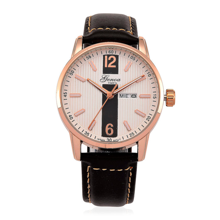GENOA TIME V2 Double Date Quartz PC33 3ATM WR White Hydraulic Dial &amp; Rose Gold Case Mens Watch with Coffee Leather Strap 8319295 1