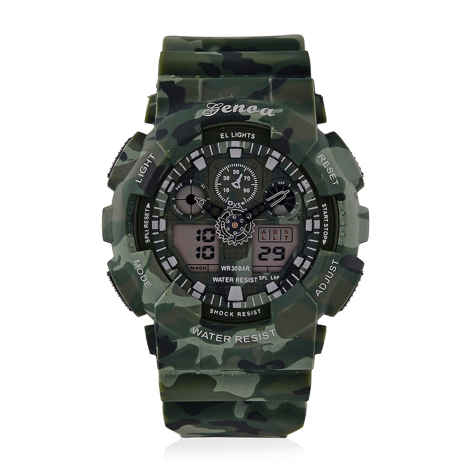 GENOA TIME V2 Double Electronic Movement 3ATM Water Resistant Camouflage Green Multifunctional LED Dial Watch with TPU Strap 7842008 0