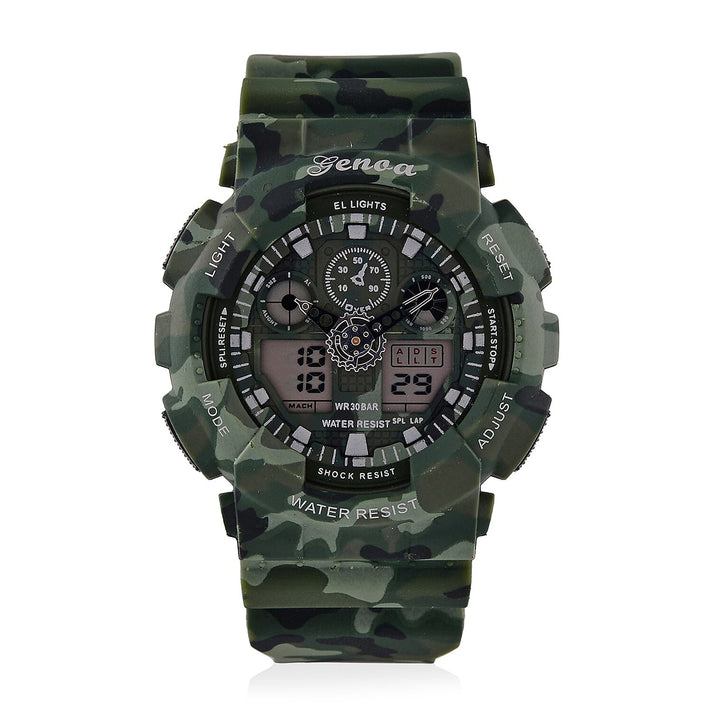 GENOA TIME V2 Double Electronic Movement 3ATM Water Resistant Camouflage Green Multifunctional LED Dial Watch with TPU Strap 7842008 1