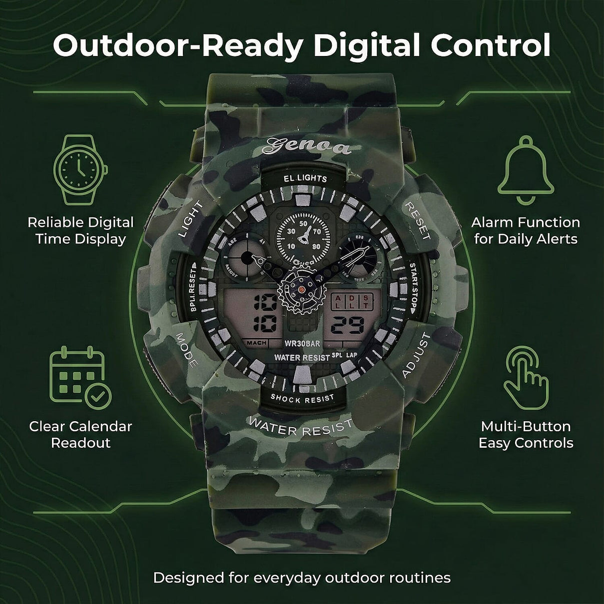 GENOA TIME V2 Double Electronic Movement 3ATM Water Resistant Camouflage Green Multifunctional LED Dial Watch with TPU Strap 7842008 2
