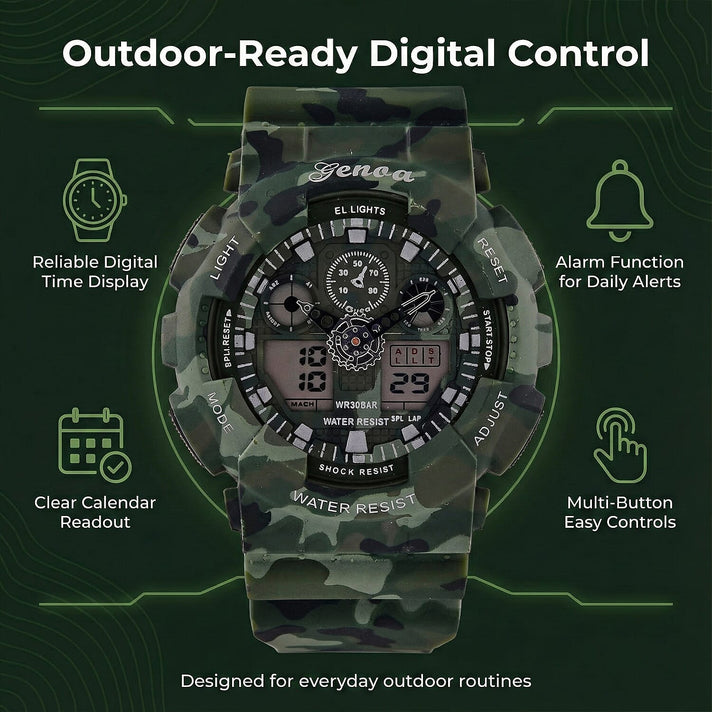 GENOA TIME V2 Double Electronic Movement 3ATM Water Resistant Camouflage Green Multifunctional LED Dial Watch with TPU Strap 7842008 2