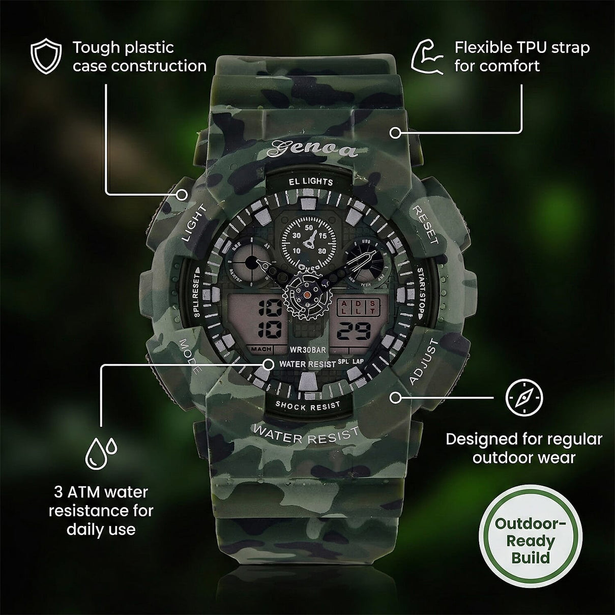 GENOA TIME V2 Double Electronic Movement 3ATM Water Resistant Camouflage Green Multifunctional LED Dial Watch with TPU Strap 7842008 3