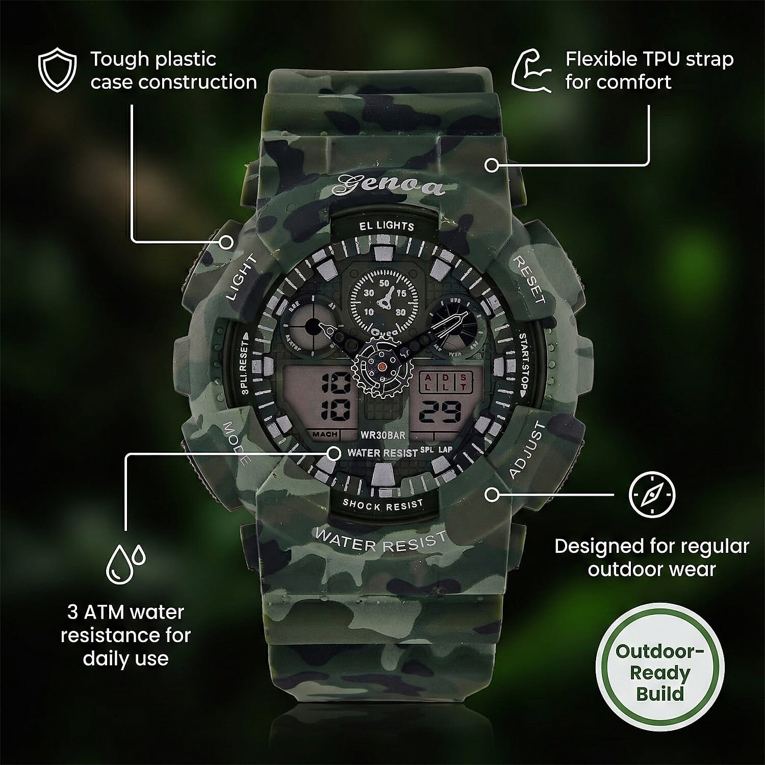 GENOA TIME V2 Double Electronic Movement 3ATM Water Resistant Camouflage Green Multifunctional LED Dial Watch with TPU Strap 7842008 3