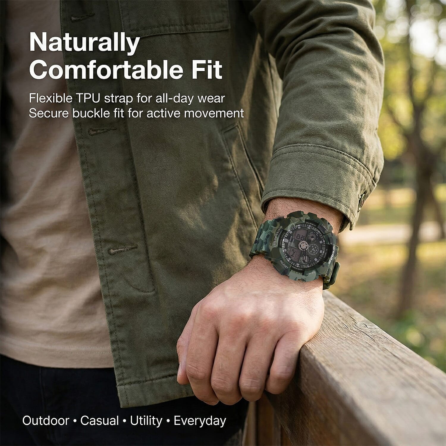 GENOA TIME V2 Double Electronic Movement 3ATM Water Resistant Camouflage Green Multifunctional LED Dial Watch with TPU Strap 7842008 4