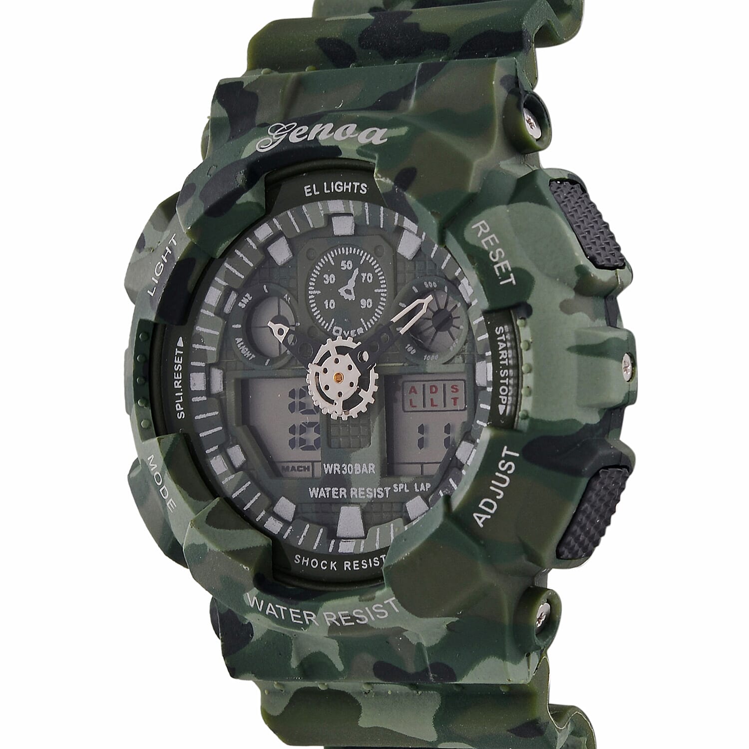 GENOA TIME V2 Double Electronic Movement 3ATM Water Resistant Camouflage Green Multifunctional LED Dial Watch with TPU Strap 7842008 5