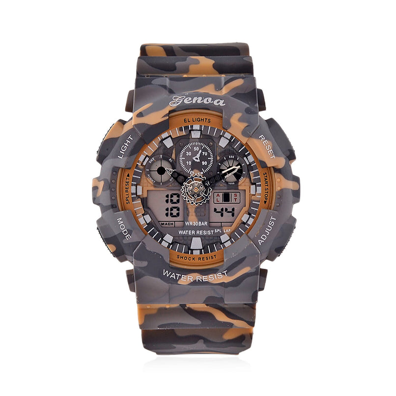GENOA TIME V2 Double Electronic Movement 3ATM Water Resistant Camouflage Green Multifunctional LED Dial Watch with TPU Strap