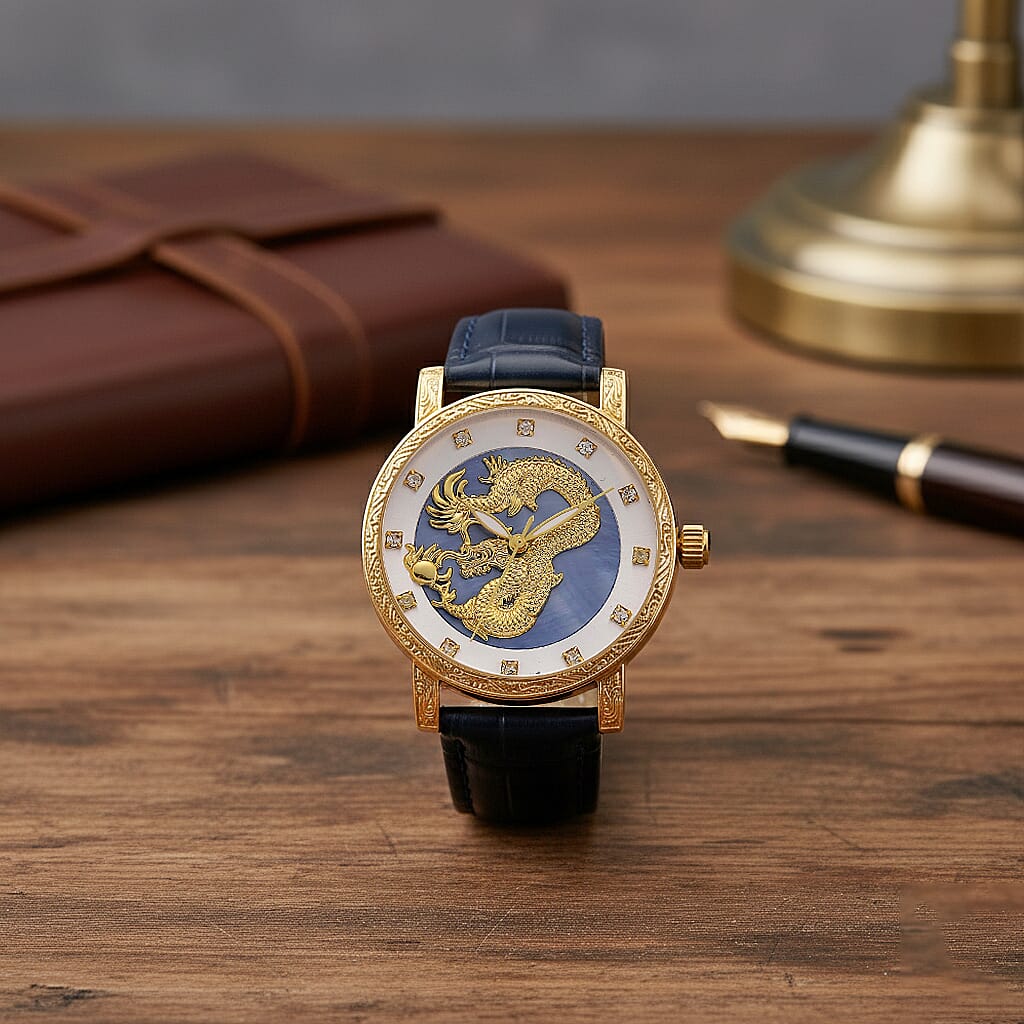 GENOA TIME LIMITED EDITION Dragon Series 3ATM WR Mother Of Pearl Dial &amp; Gold Case Watch with Austrian Crystal Accents &amp; Blue Leather Strap Presented in a Gift Box 8319726 2