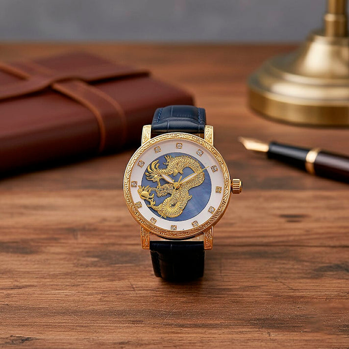 GENOA TIME LIMITED EDITION Dragon Series 3ATM WR Mother Of Pearl Dial &amp; Gold Case Watch with Austrian Crystal Accents &amp; Blue Leather Strap Presented in a Gift Box 8319726 2