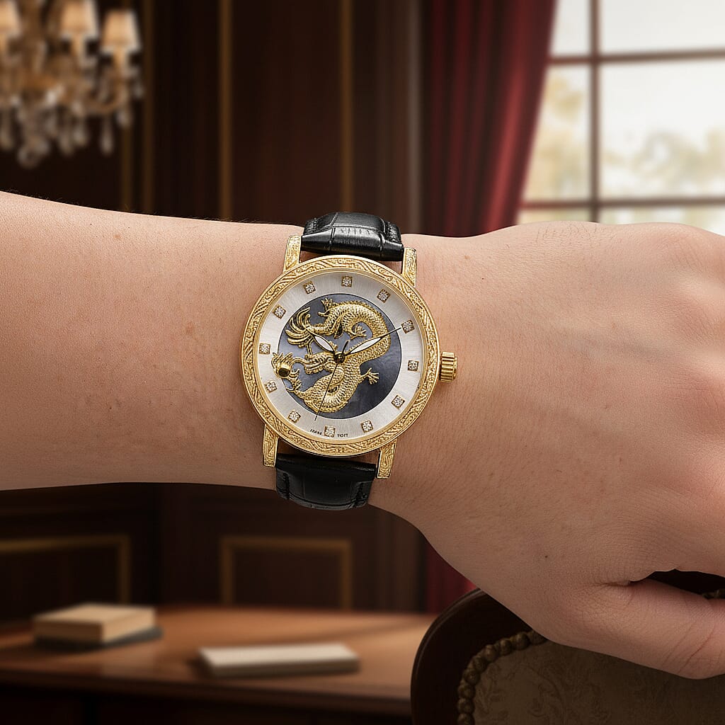 GENOA TIME LIMITED EDITION Dragon Series 3ATM WR Mother Of Pearl Dial &amp; Gold Case Watch with Austrian Crystal Accents &amp; Blue Leather Strap Presented in a Gift Box 8319726 3