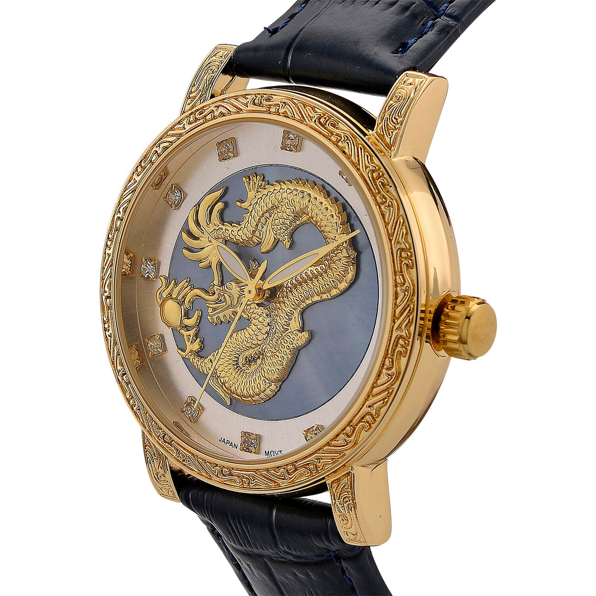 GENOA TIME LIMITED EDITION Dragon Series 3ATM WR Mother Of Pearl Dial &amp; Gold Case Watch with Austrian Crystal Accents &amp; Blue Leather Strap Presented in a Gift Box 8319726 4