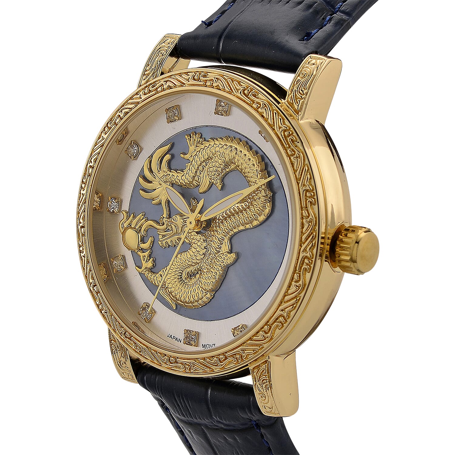 GENOA TIME LIMITED EDITION Dragon Series 3ATM WR Mother Of Pearl Dial &amp; Gold Case Watch with Austrian Crystal Accents &amp; Blue Leather Strap Presented in a Gift Box 8319726 4