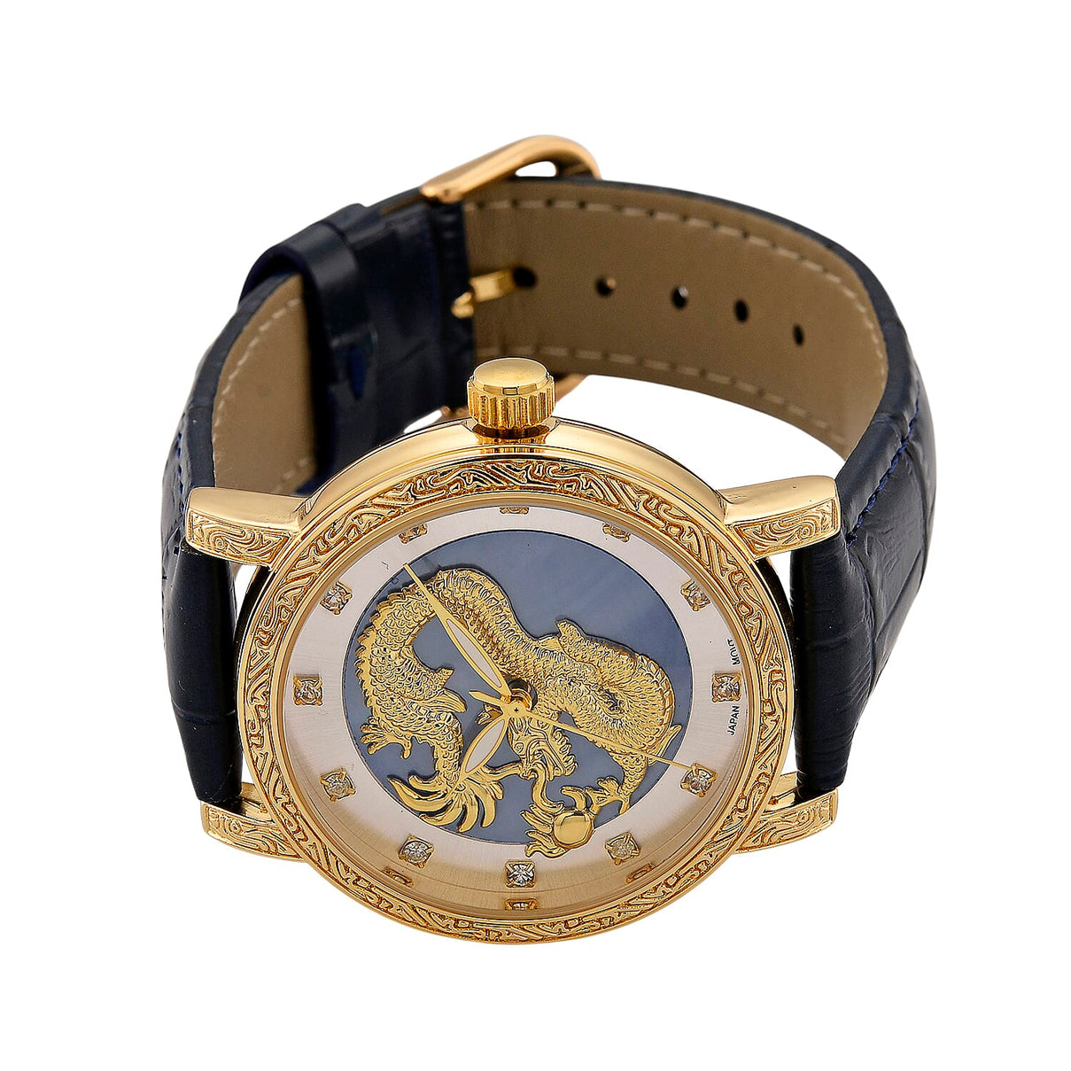 GENOA TIME LIMITED EDITION Dragon Series 3ATM WR Mother Of Pearl Dial &amp; Gold Case Watch with Austrian Crystal Accents &amp; Blue Leather Strap Presented in a Gift Box 8319726 5
