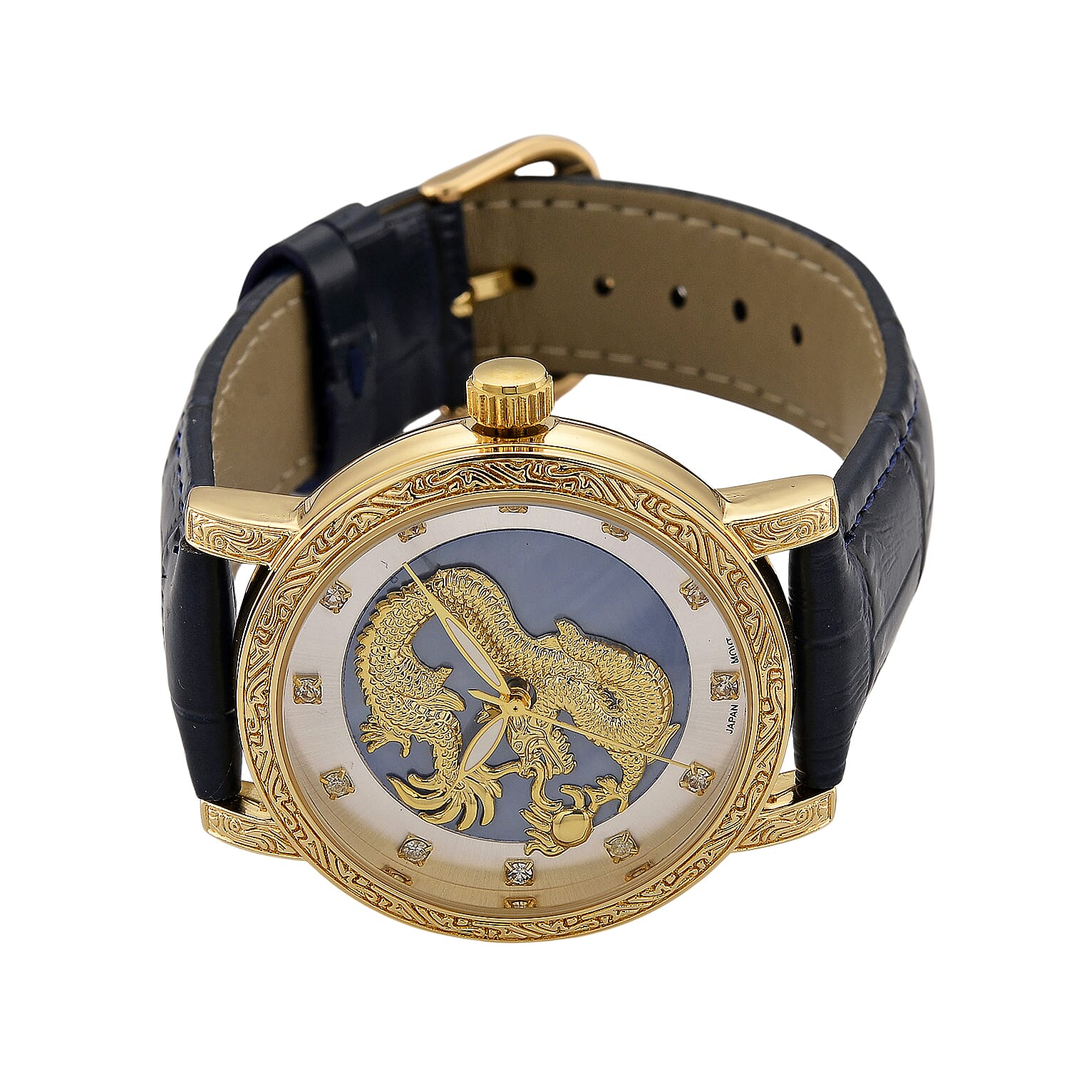 GENOA TIME LIMITED EDITION Dragon Series 3ATM WR Mother Of Pearl Dial &amp; Gold Case Watch with Austrian Crystal Accents &amp; Blue Leather Strap Presented in a Gift Box 8319726 5