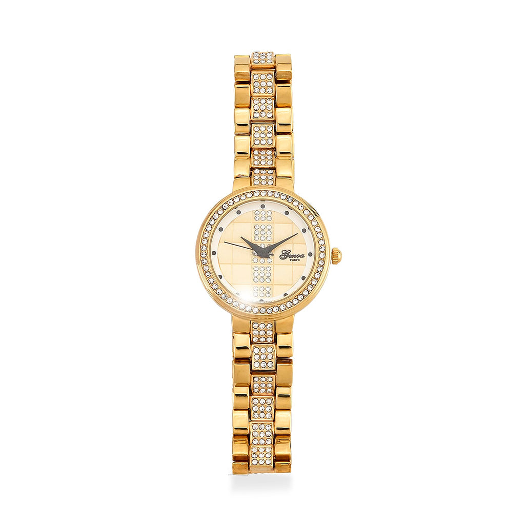 GENOA TIME V2 Miyota 2035 Japan Movement 3ATM Water Resistant White Crystal & Gold Dial Watch with Gold Colour Chain Strap