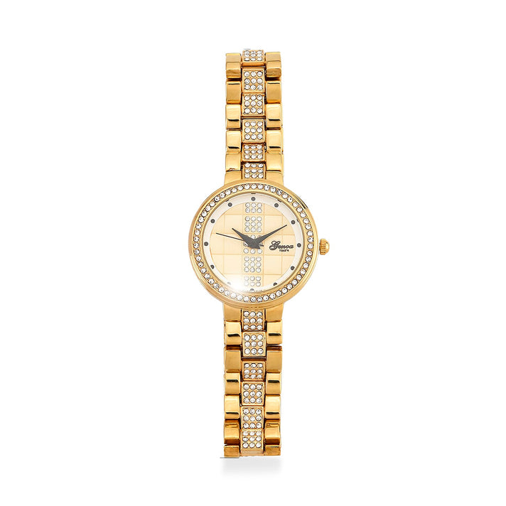 GENOA TIME V2 Miyota 2035 Japan Movement 3ATM Water Resistant White Crystal &amp; Gold Dial Watch with Gold Colour Chain Strap 7973866 1