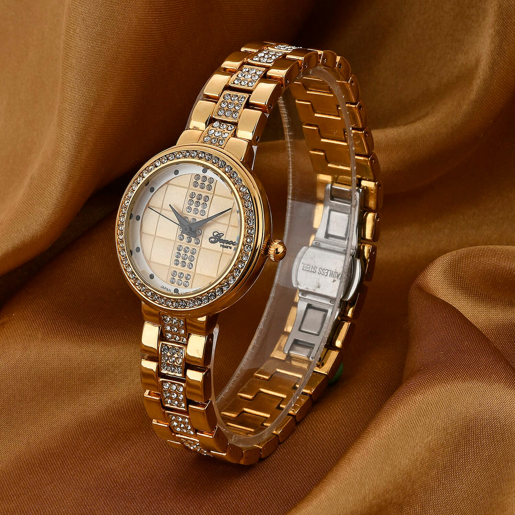 GENOA TIME V2 Miyota 2035 Japan Movement 3ATM Water Resistant White Crystal & Gold Dial Watch with Gold Colour Chain Strap