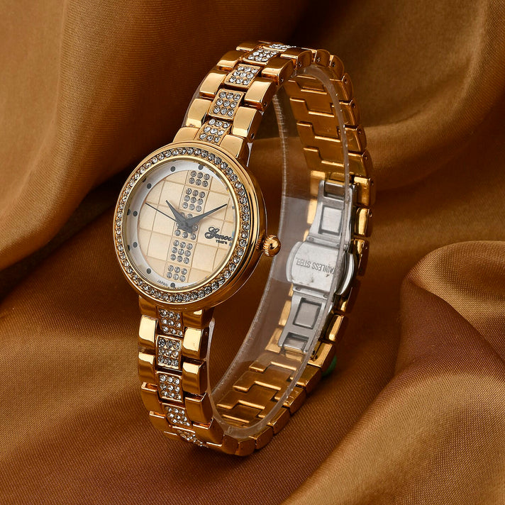 GENOA TIME V2 Miyota 2035 Japan Movement 3ATM Water Resistant White Crystal &amp; Gold Dial Watch with Gold Colour Chain Strap 7973866 2