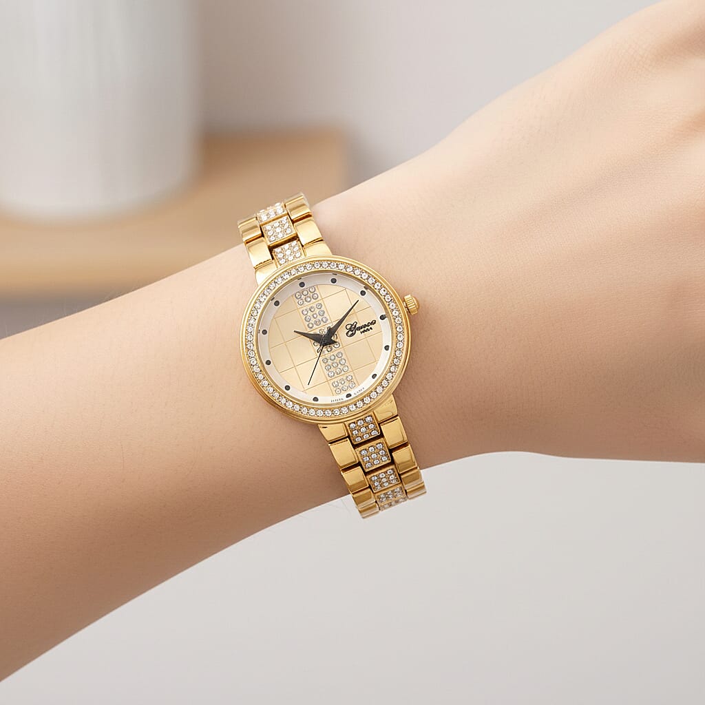 GENOA TIME V2 Miyota 2035 Japan Movement 3ATM Water Resistant White Crystal &amp; Gold Dial Watch with Gold Colour Chain Strap 7973866 3