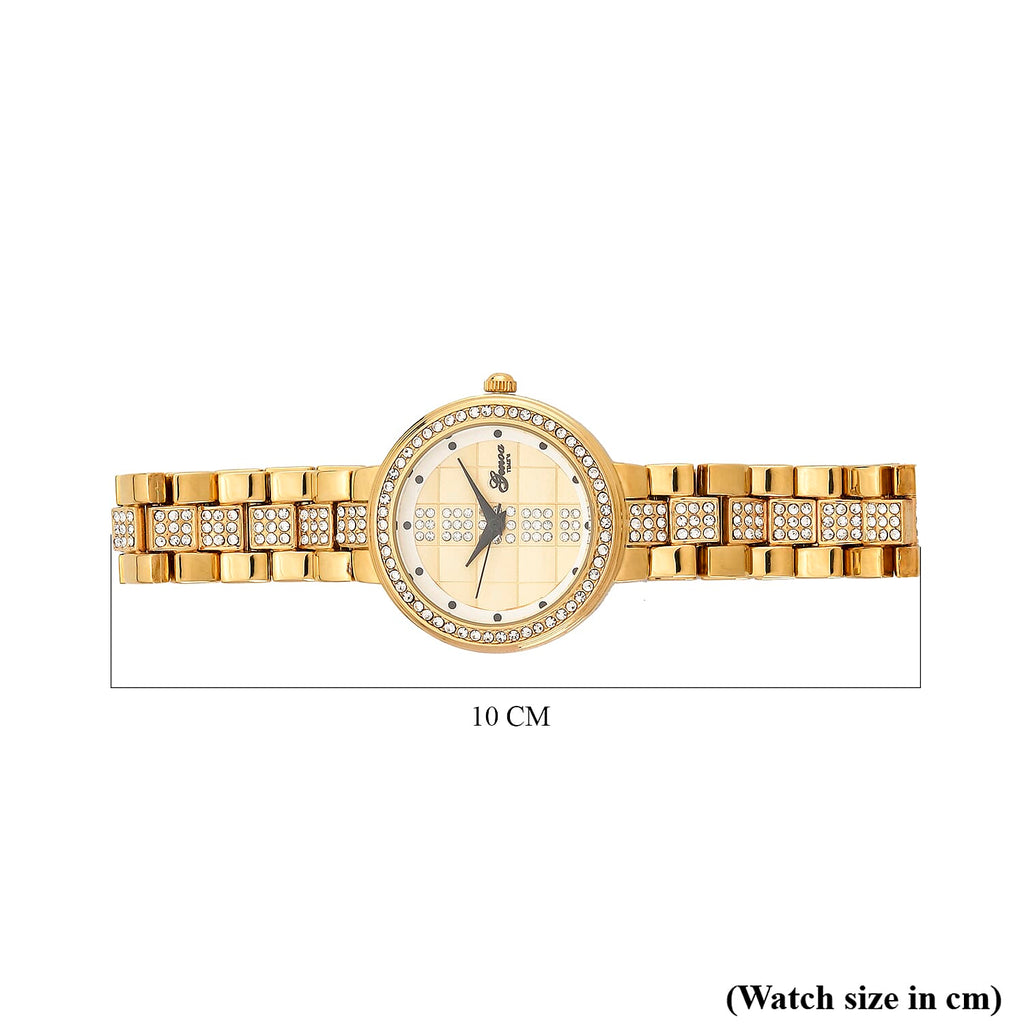 GENOA TIME V2 Miyota 2035 Japan Movement 3ATM Water Resistant White Crystal & Gold Dial Watch with Gold Colour Chain Strap