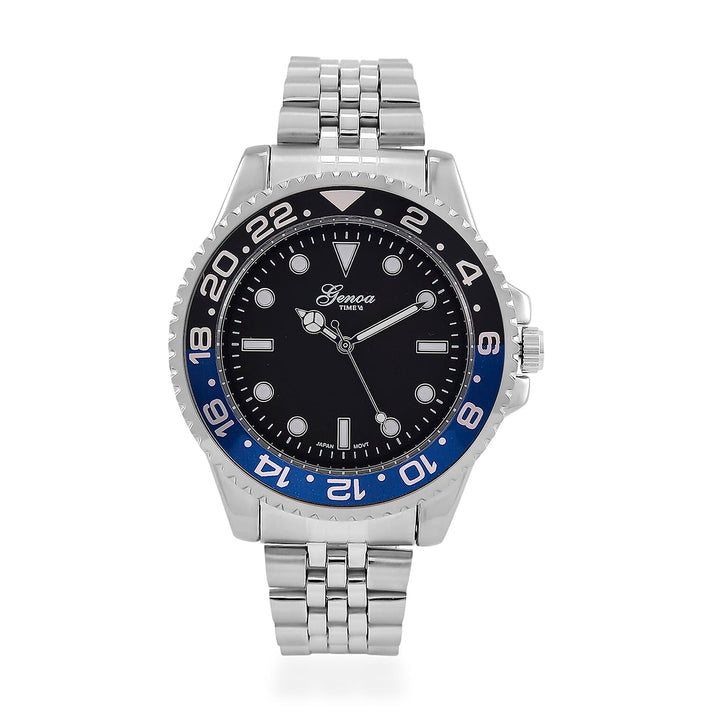GENOA TIME V2 Miyota 2035 Japan Movt. 3ATM Water Resistant Black Dial Men's Watch with Silver Colour Stainless Steel Strap and Black-Blue Bezel 8114199 1