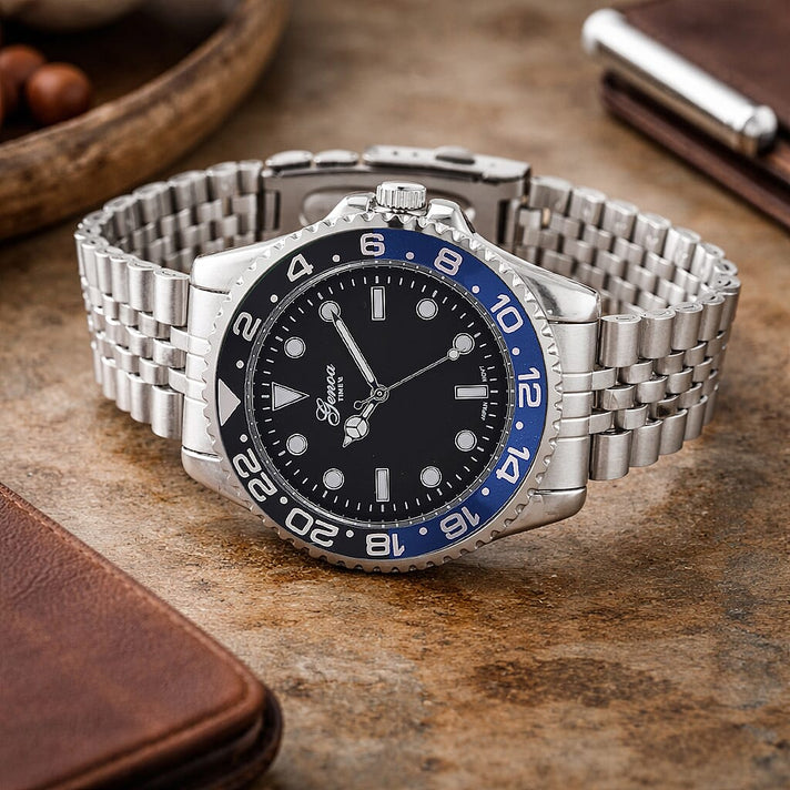 GENOA TIME V2 Miyota 2035 Japan Movt. 3ATM Water Resistant Black Dial Men's Watch with Silver Colour Stainless Steel Strap and Black-Blue Bezel 8114199 2