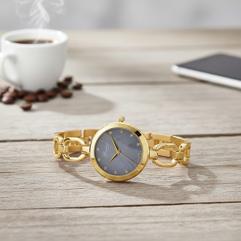 GENOA TIME V2 Miyota 2035 Japan Movt. 3ATM Water Resistant White Crystal &amp; Grey MOP Dial Ladies Watch with Gold Colour Alloy Chain Strap and Gold-Tone Case 8161176 2