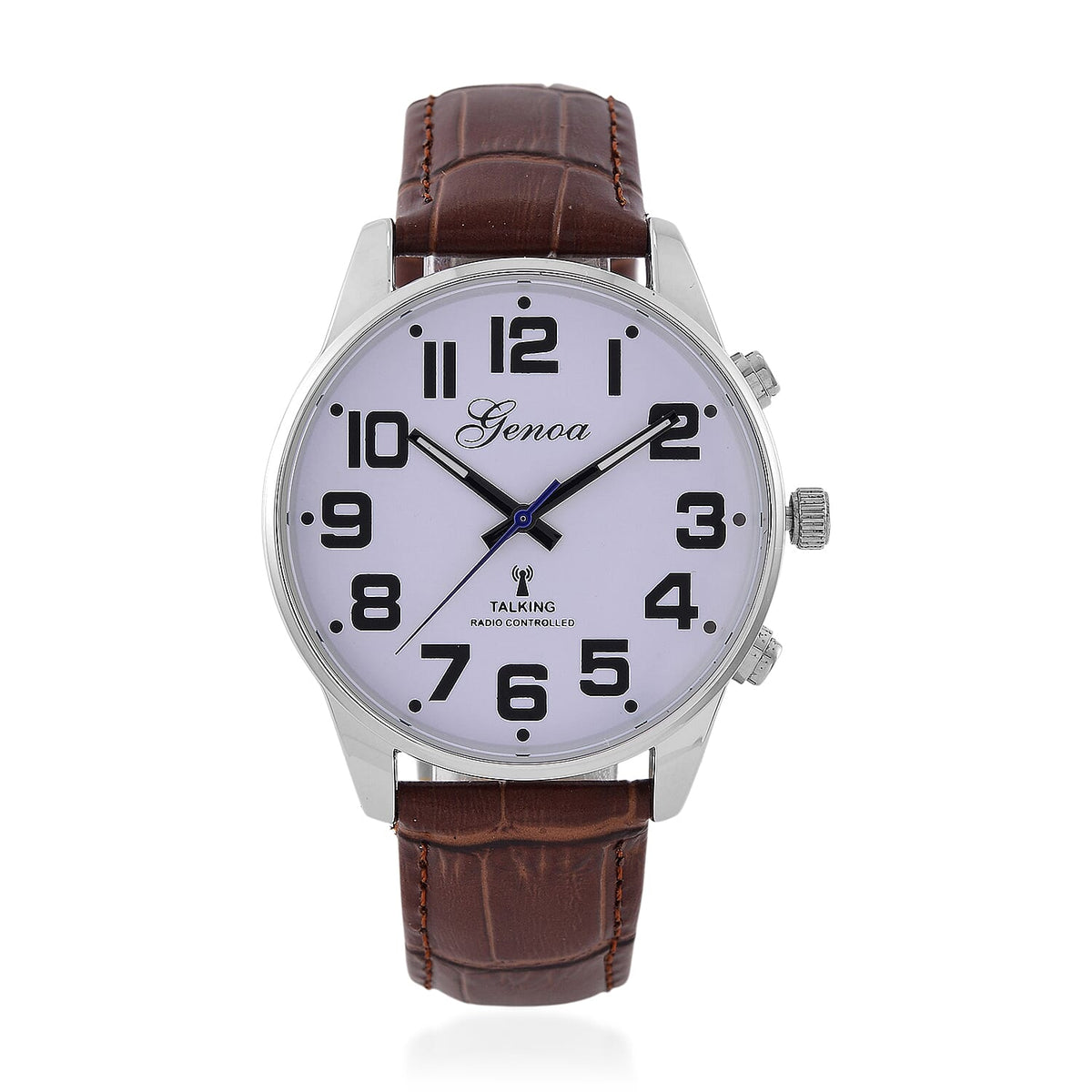 GENOA TIME V2 Quartz Movt. 3ATM Water Resistant White Dial Talking Watch with Brown Colour Leather Strap and Silver-Tone Case 8060156 0