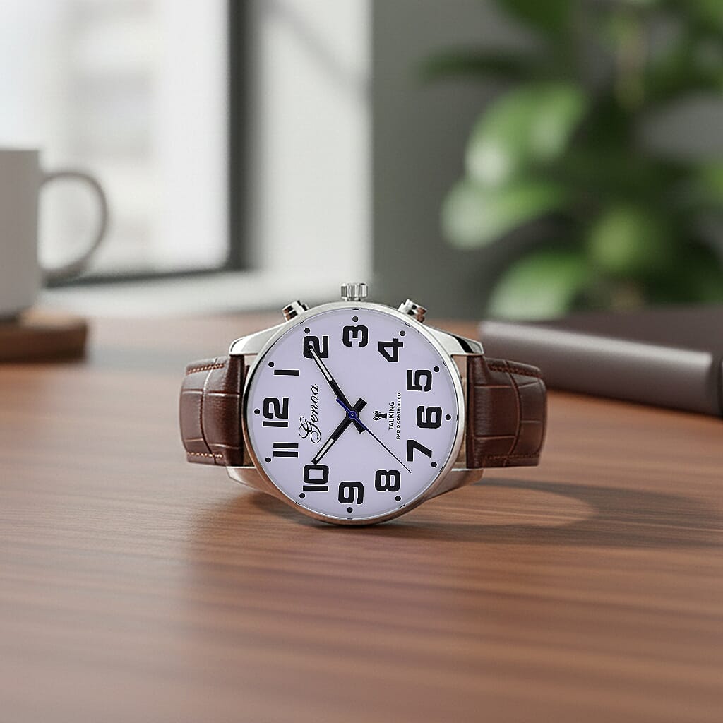 GENOA TIME V2 Quartz Movt. 3ATM Water Resistant White Dial Talking Watch with Brown Colour Leather Strap and Silver-Tone Case