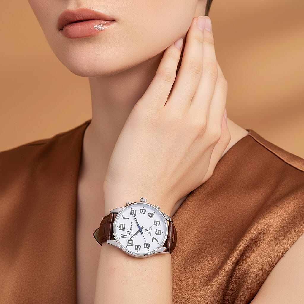 GENOA TIME V2 Quartz Movt. 3ATM Water Resistant White Dial Talking Watch with Brown Colour Leather Strap and Silver-Tone Case 8060156 3