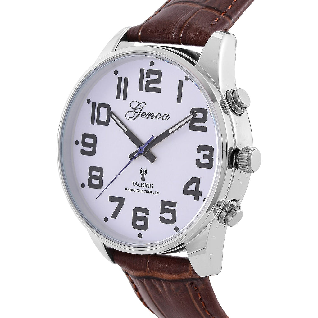 GENOA TIME V2 Quartz Movt. 3ATM Water Resistant White Dial Talking Watch with Brown Colour Leather Strap and Silver-Tone Case