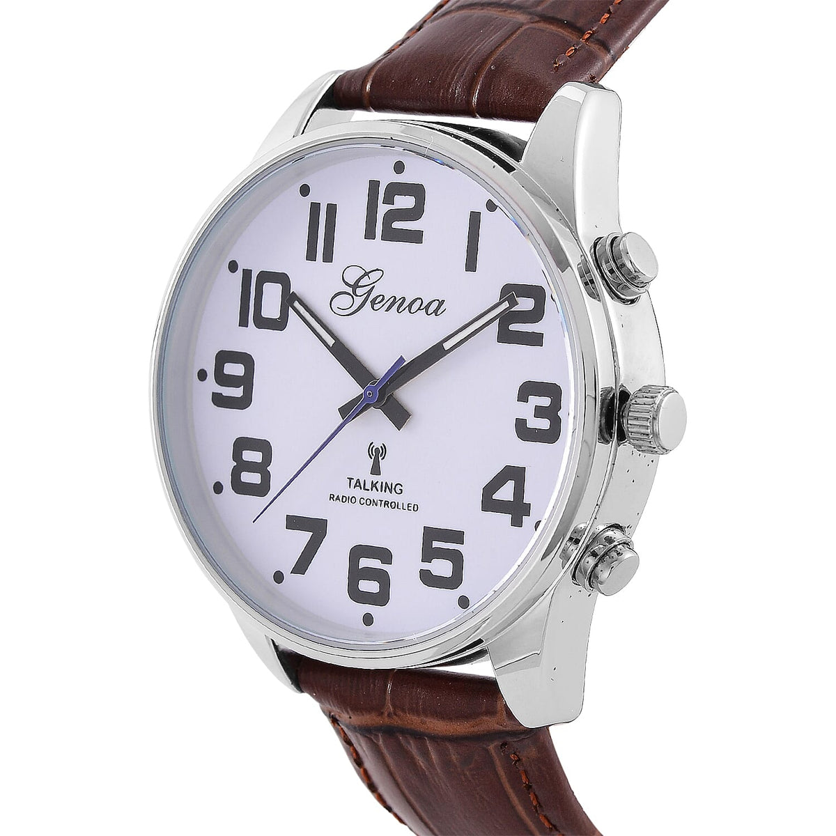 GENOA TIME V2 Quartz Movt. 3ATM Water Resistant White Dial Talking Watch with Brown Colour Leather Strap and Silver-Tone Case 8060156 4