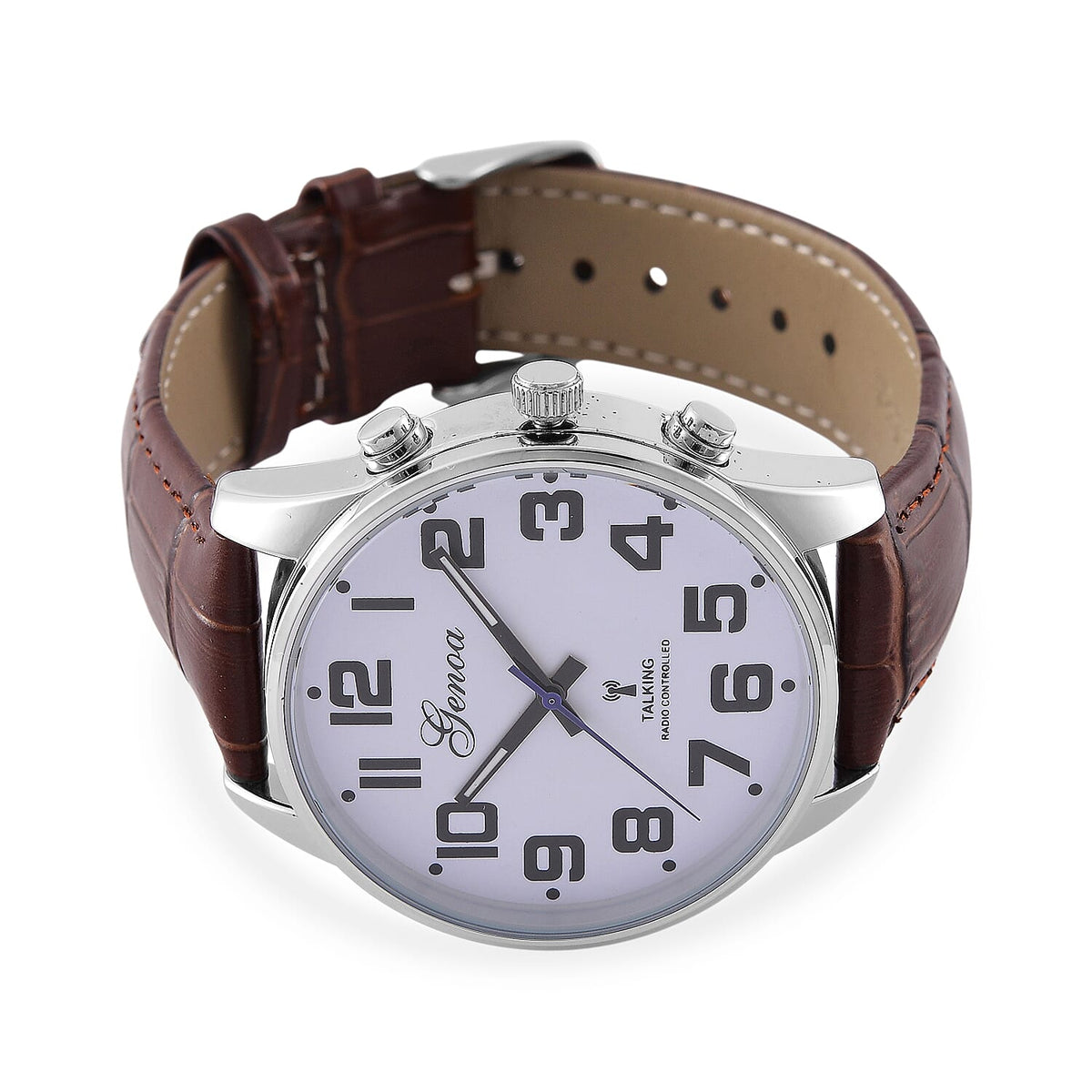 GENOA TIME V2 Quartz Movt. 3ATM Water Resistant White Dial Talking Watch with Brown Colour Leather Strap and Silver-Tone Case 8060156 5