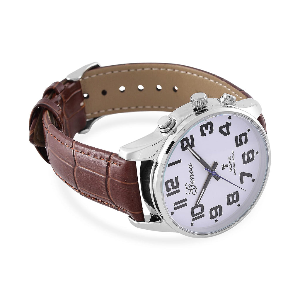 GENOA TIME V2 Quartz Movt. 3ATM Water Resistant White Dial Talking Watch with Brown Colour Leather Strap and Silver-Tone Case
