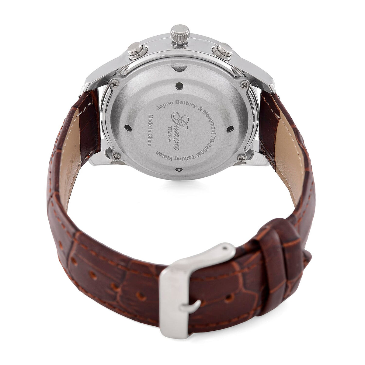 GENOA TIME V2 Quartz Movt. 3ATM Water Resistant White Dial Talking Watch with Brown Colour Leather Strap and Silver-Tone Case 8060156 7